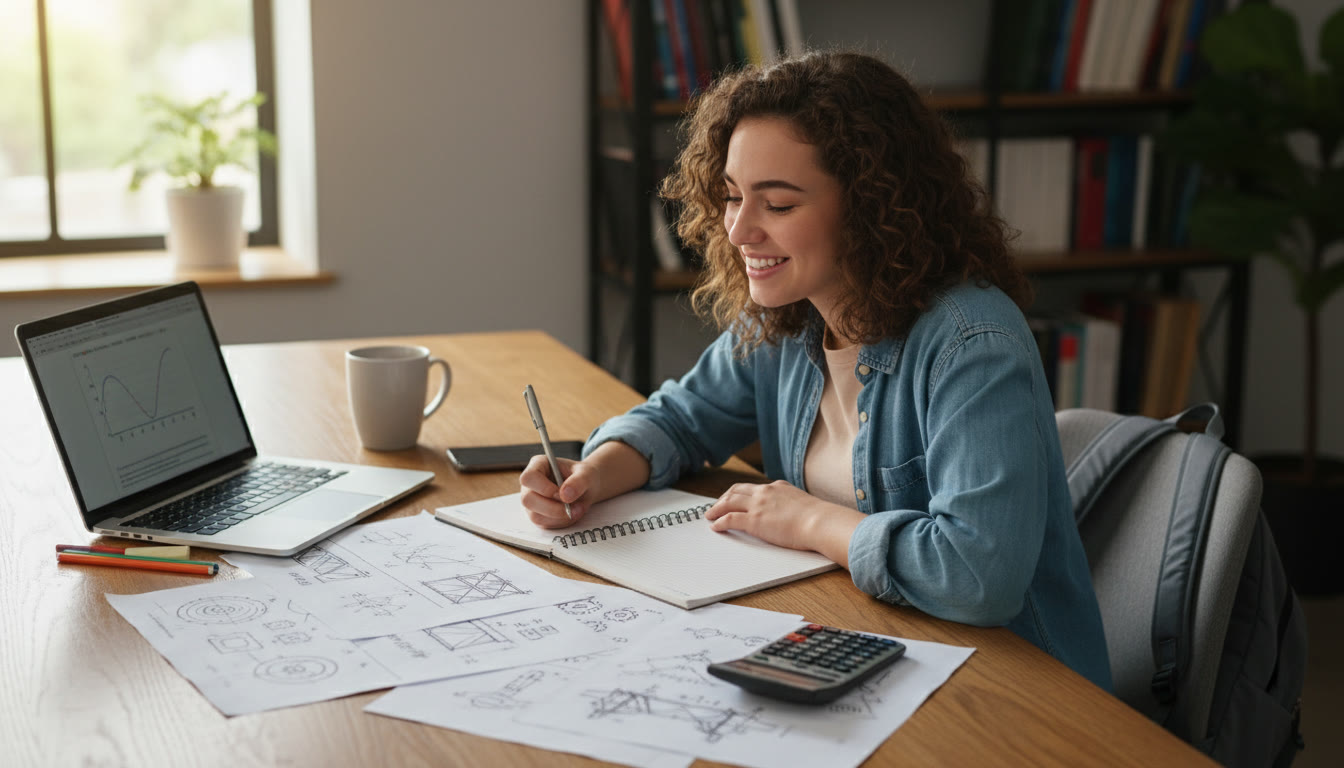 Photo Idea : A bright, candid photo of a high school student working on an AP Calculus problem with engineering sketches spread out on a desk — natural light, laptop and notebook visible, conveying focused but relaxed study.