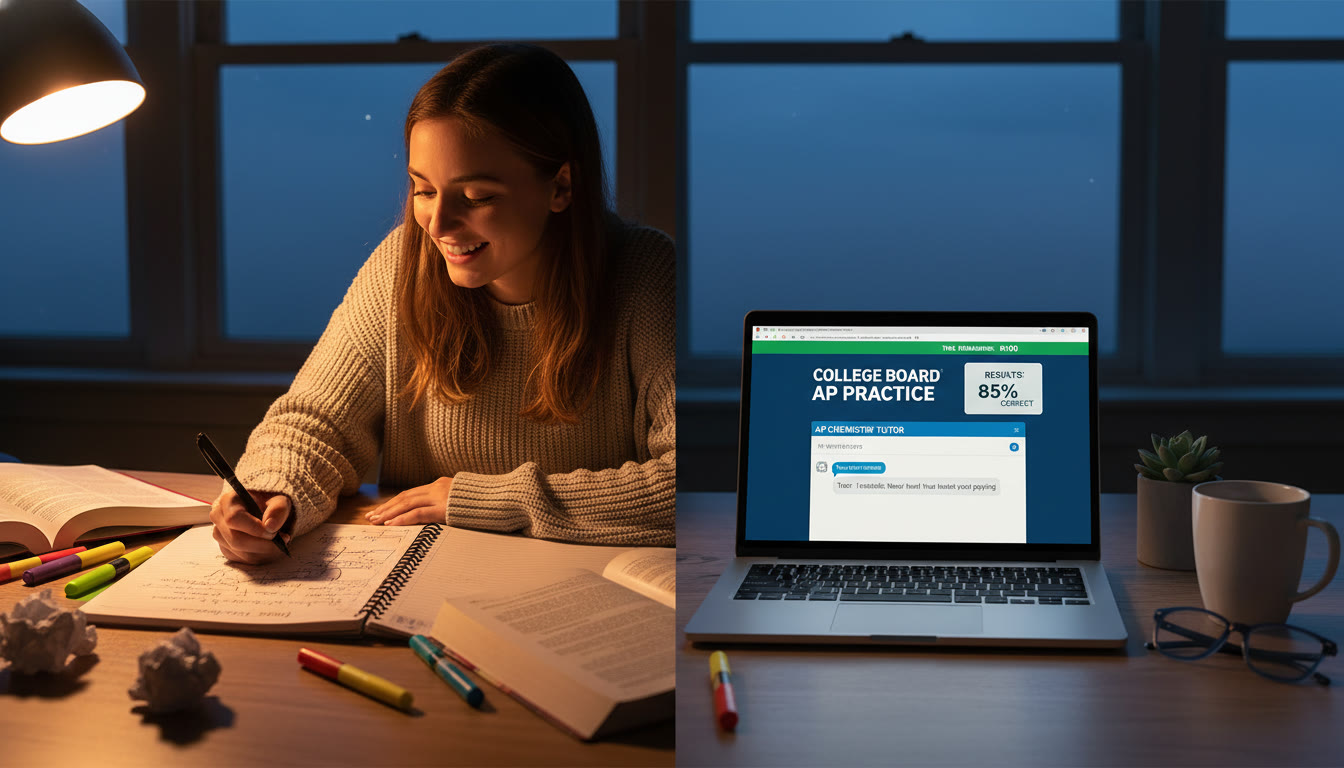 Photo Idea : A split-screen study setup — left side a student marking a scratchbook, right side a laptop showing timed practice results and a tutor chat window. Calm evening lighting, focused but relaxed mood.