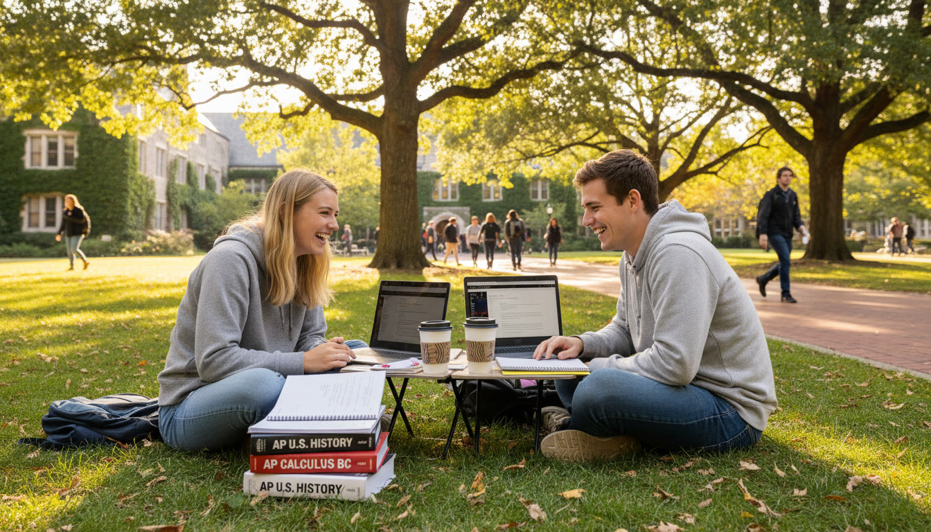 Photo Idea : A bright, candid photo of two students studying together on a leafy university quad, laptops open, AP review books and coffee cups nearby—captures focus, companionship, and the campus-to-classroom transition.