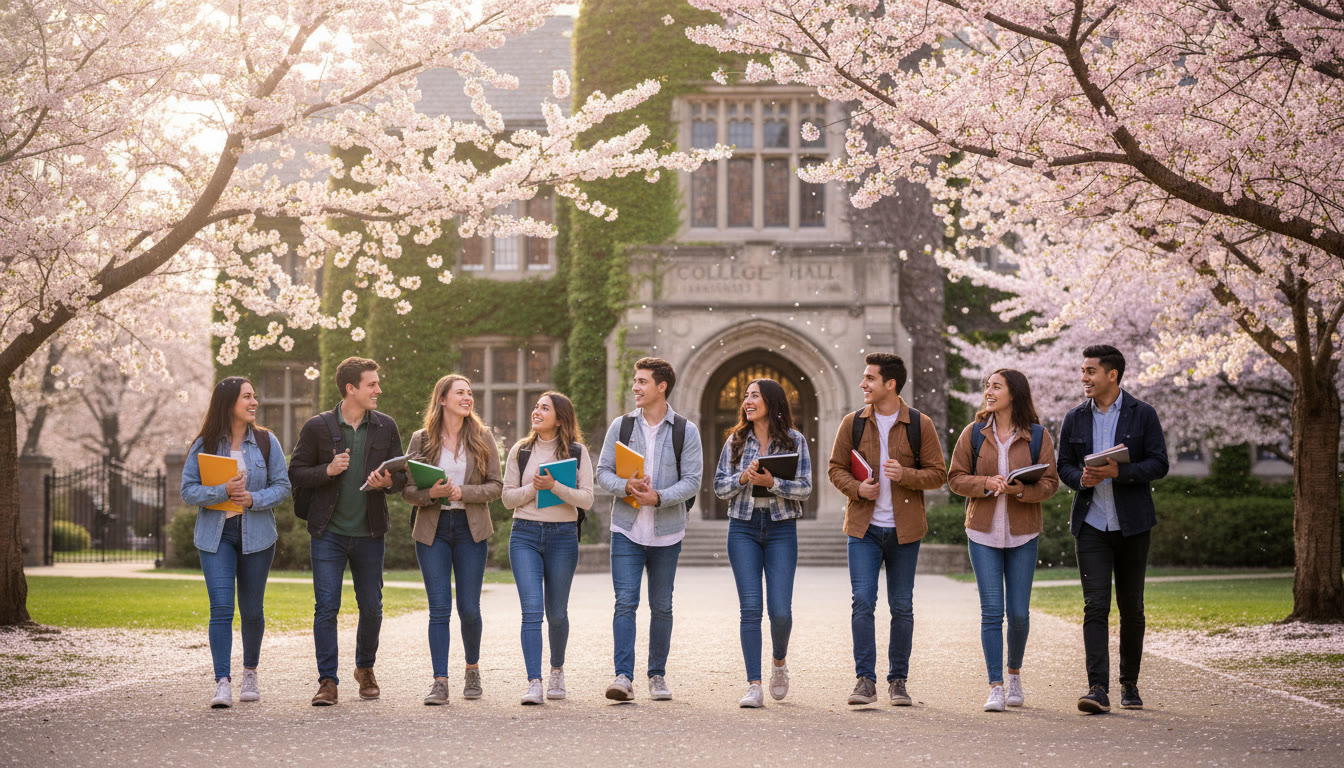 Photo Idea : A hopeful campus moment: students walking under cherry blossoms in front of a recognizable university building, suggesting the reward of admission and the emotional payoff of disciplined preparation.