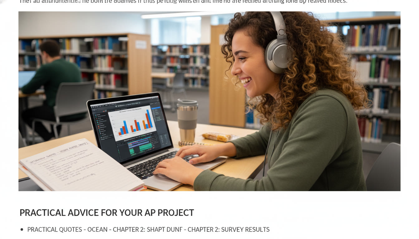 Photo Idea : A student editing audio on headphones with a notebook full of interview quotes visible; a laptop screen shows an AP Statistics chart used in a data story. This sits in the lower half of the article where practical advice is given.