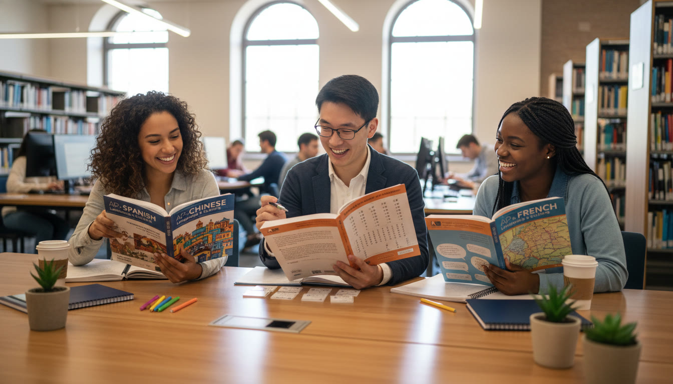 Photo Idea : A bright, candid shot of three diverse students studying together at a library table, each with different language textbooks open (Spanish, Chinese, French). The image should feel warm and modern to convey collaboration and exploration in language learning.