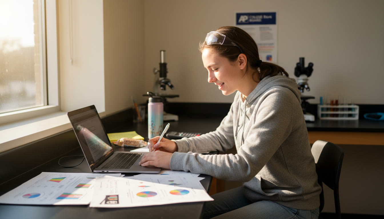 Photo Idea : A student at a lab bench writing an abstract on a laptop with printed graphs spread out nearby — natural light, candid, focused expression.