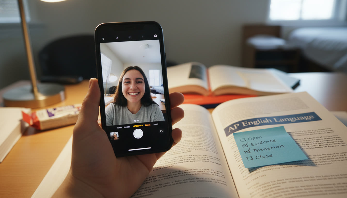 Photo Idea : Close-up of a student's hand holding a phone recording a practice response with a visible checklist beside it: