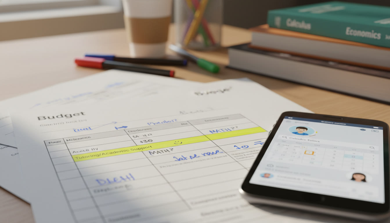Photo Idea : A close-up of a printed budget sheet with handwritten notes, a highlighted row showing tutoring costs, and a smart device displaying a tutoring platform—captures planning in action.