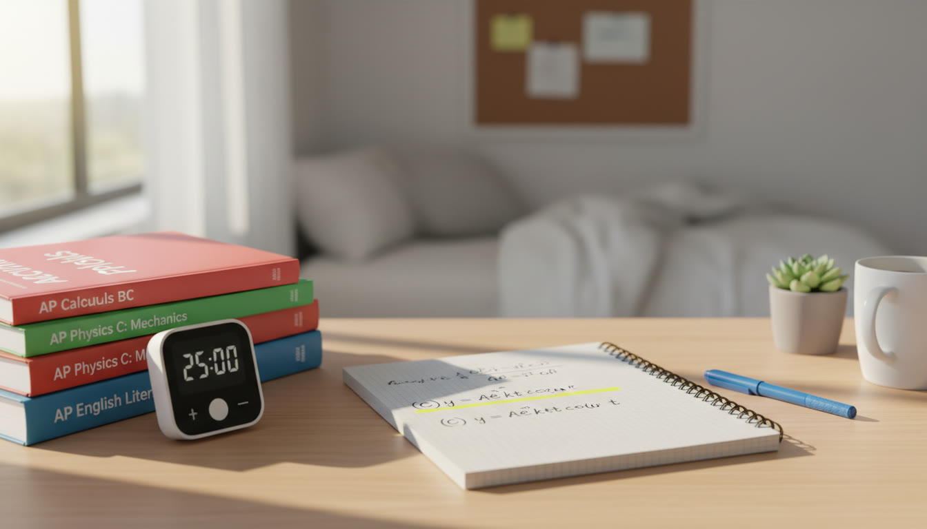 Photo Idea : A bright study desk with AP textbooks, a timer, and a notebook open to a solved problem showing a neat equation choice highlighted — conveys calm, strategic preparation.