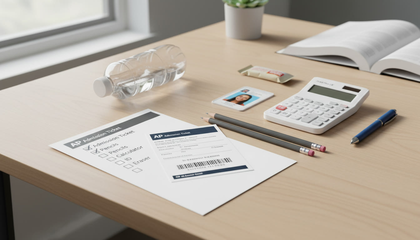 Photo Idea : A neat flat-lay of AP test essentials on a table: admission ticket, pencils, calculator, ID, and a printed checklist — caption-less, showing calm and preparedness.