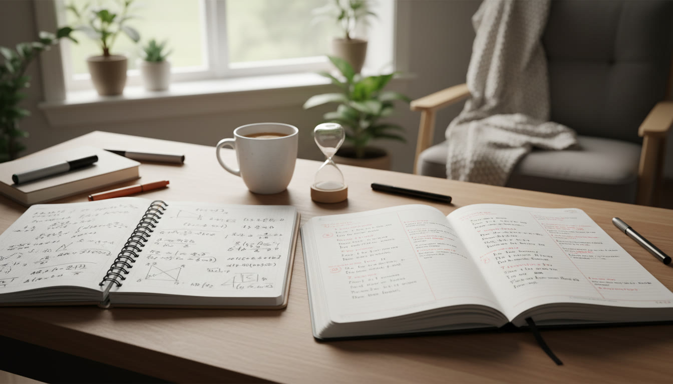 Photo Idea : A calm study nook with two open notebooks: one filled with equations and diagrams, the other with annotated lines of poetry. Include a mug, a timer, and soft natural light to suggest a sustainable study routine.