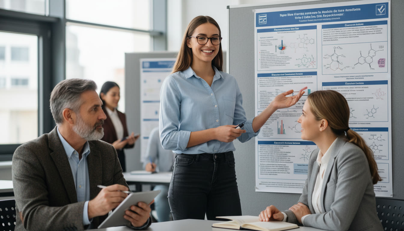 Photo Idea : A focused close-up of a student presenting a poster to two adults, one taking notes — emphasizes communication and the bridge between lab work and presentation skills.