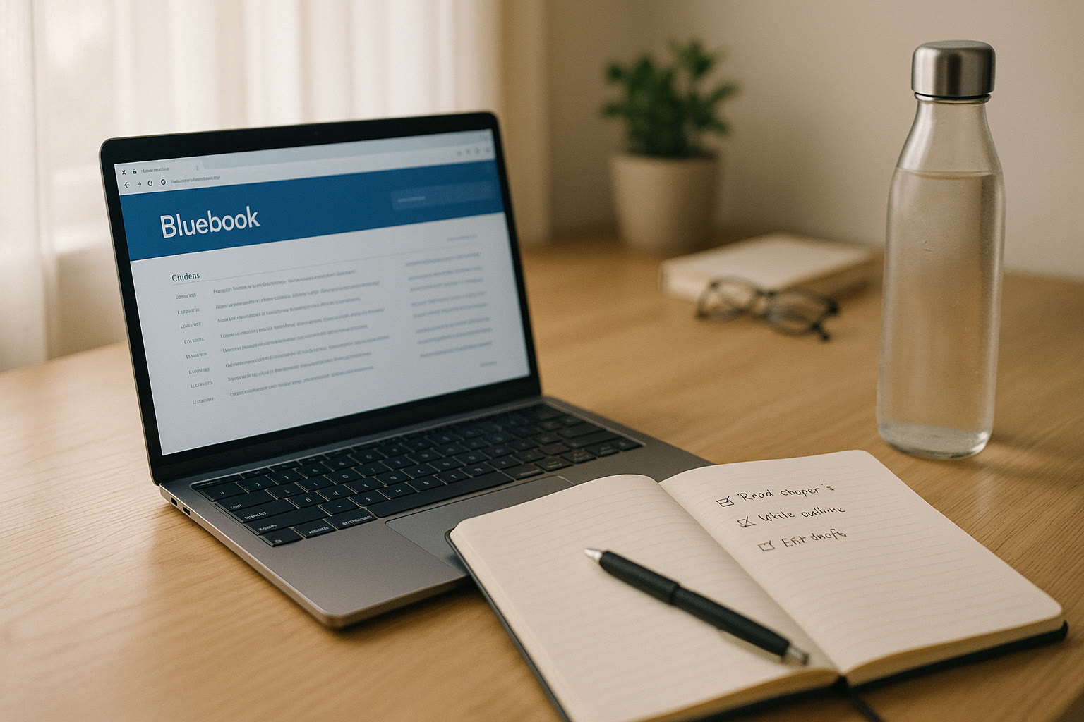 Photo Idea : A calm study corner—soft daylight, a laptop with the Bluebook app open, a notebook with a short checklist, and a water bottle. The image should evoke focus without frenzy.