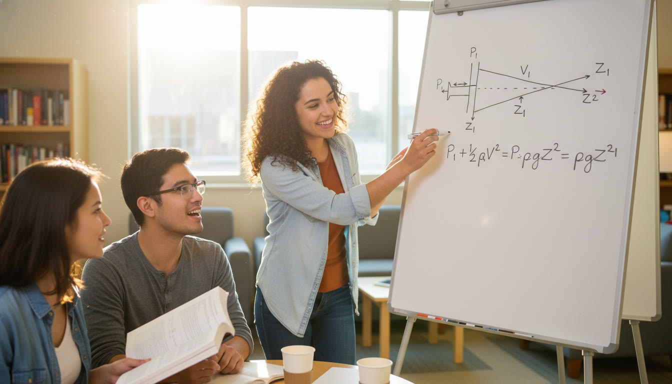 Photo Idea : A small study group around a whiteboard solving a Bernoulli problem together, with one student pointing to a diagram of a pipe and pressure labels. Place this mid-article where Bernoulli and problem-solving sections are discussed to emphasize collaborative learning.