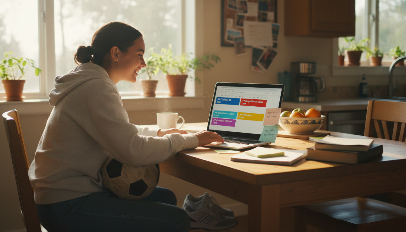 Photo Idea : A student sitting at a kitchen table with a laptop open to a calendar app, a soccer ball leaning against the table, and sticky notes listing exam dates—captures the dual responsibilities with a warm, candid tone.