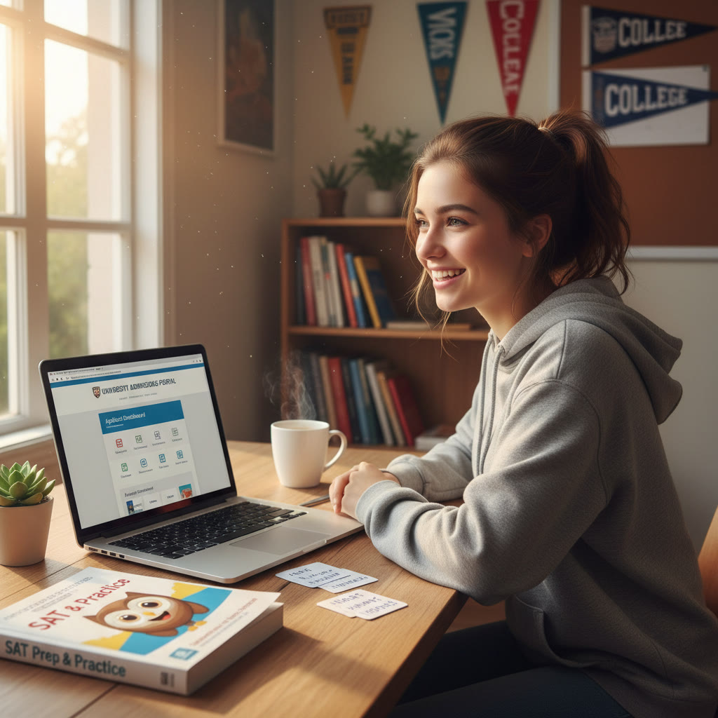 Photo Idea : A candid shot of a high school student studying at a desk with a laptop showing a college admissions portal, notes, and an SAT practice book nearby — bright, calm morning light.