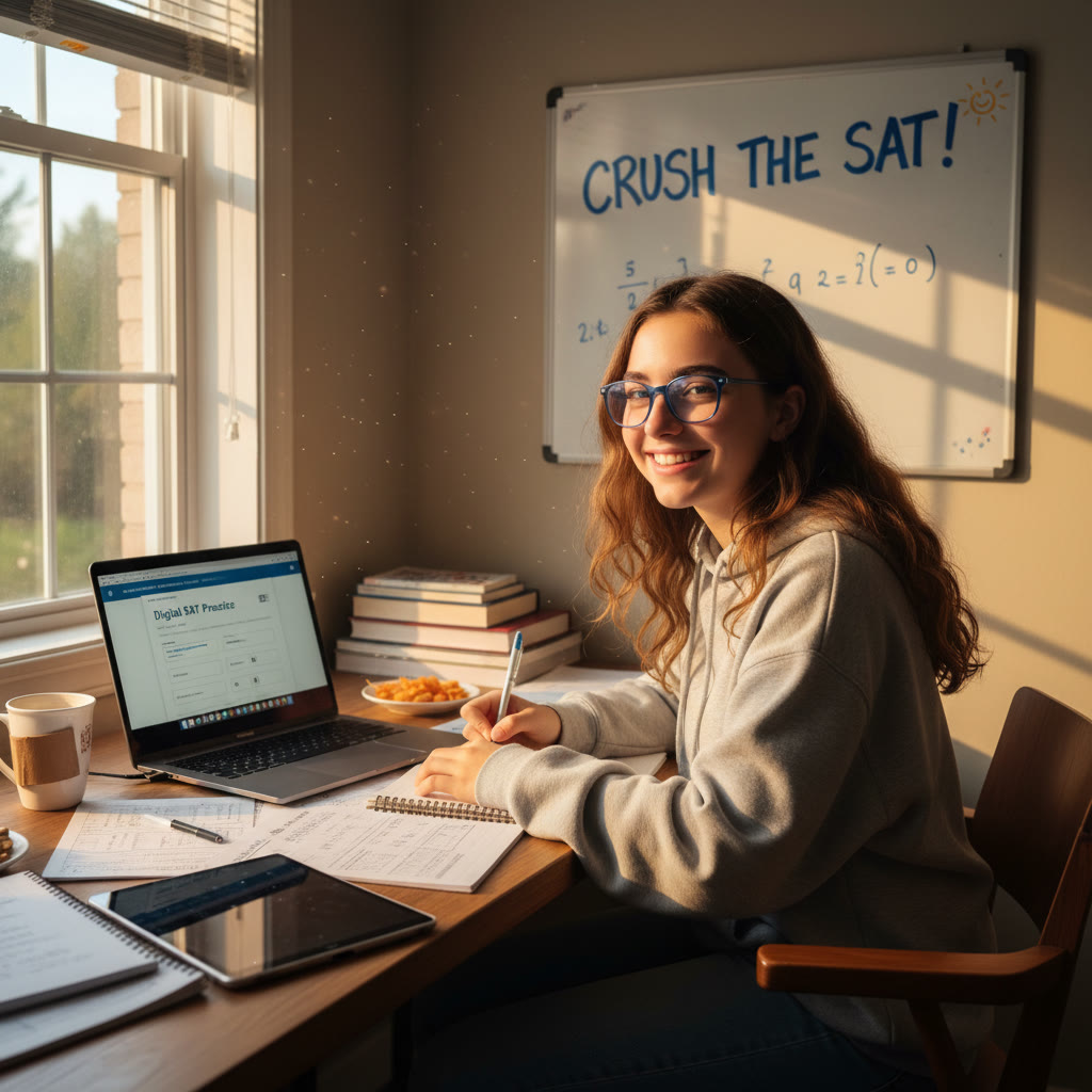 Photo Idea : A candid shot of a high school student studying at a desk with a laptop and practice test papers spread out, sunlight streaming through a window — evokes focused, calm preparation for the Digital SAT.