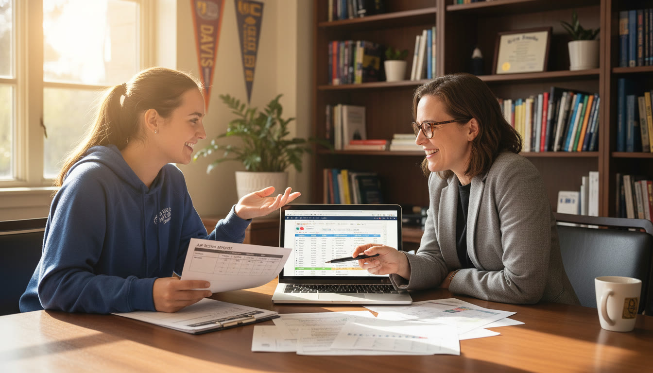 Photo Idea : A student-advisor meeting in a sunny UC Davis advising office — papers, AP score printouts, and a laptop open to a degree audit, illustrating planning and personalized guidance.