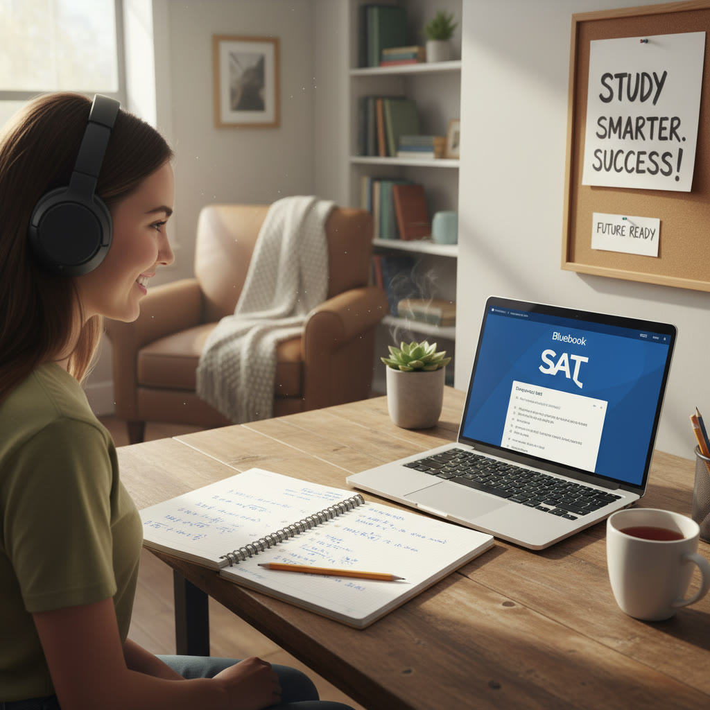 Photo Idea : A focused student at a desk using a laptop and headphones, Bluebook app on screen, notebook with practice problems—natural light, cozy study corner to convey modern digital test prep.
