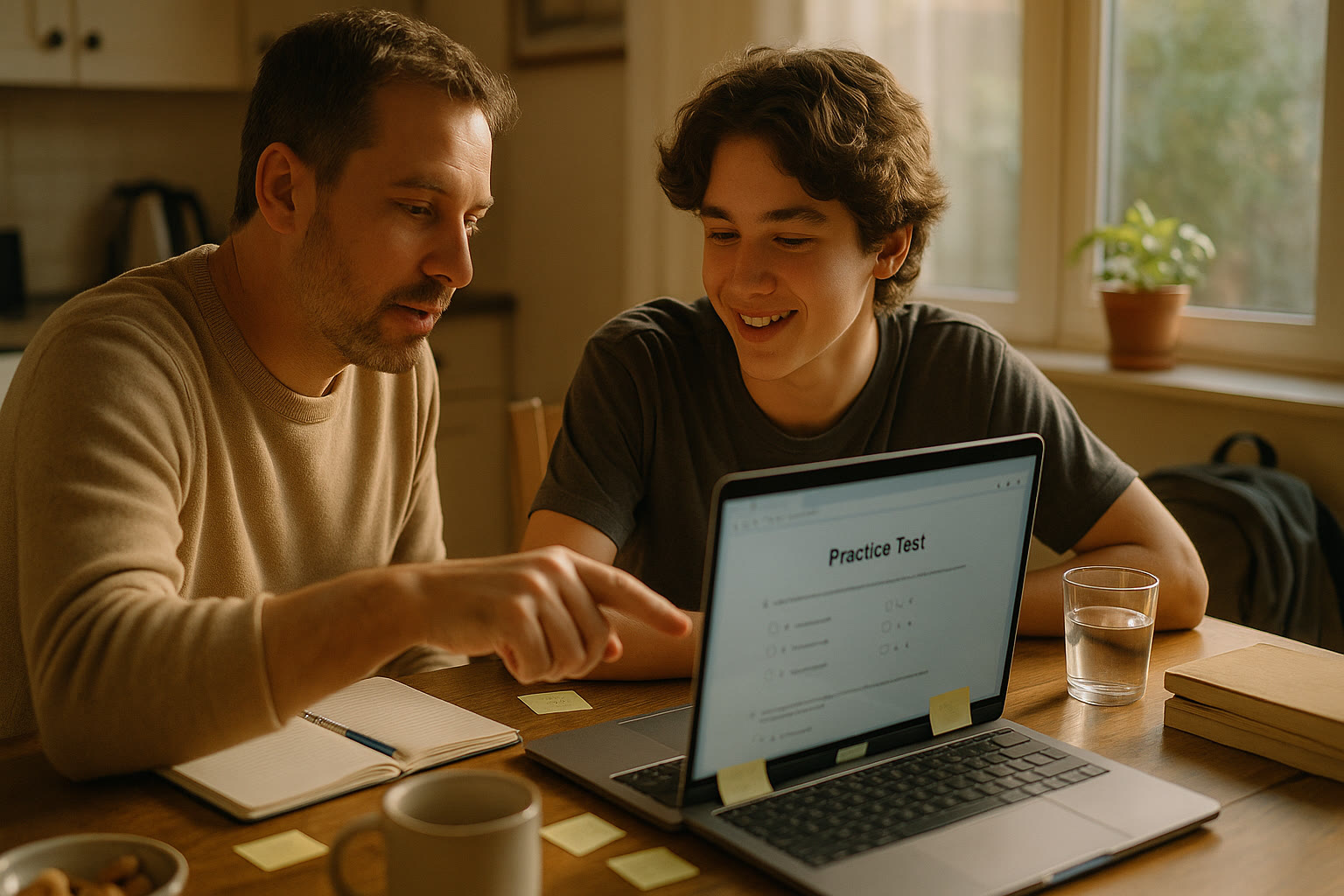Photo Idea : A warm, candid photo of a parent and teen at a kitchen table, studying together with a laptop showing a practice test and sticky notes — natural light, relaxed atmosphere.