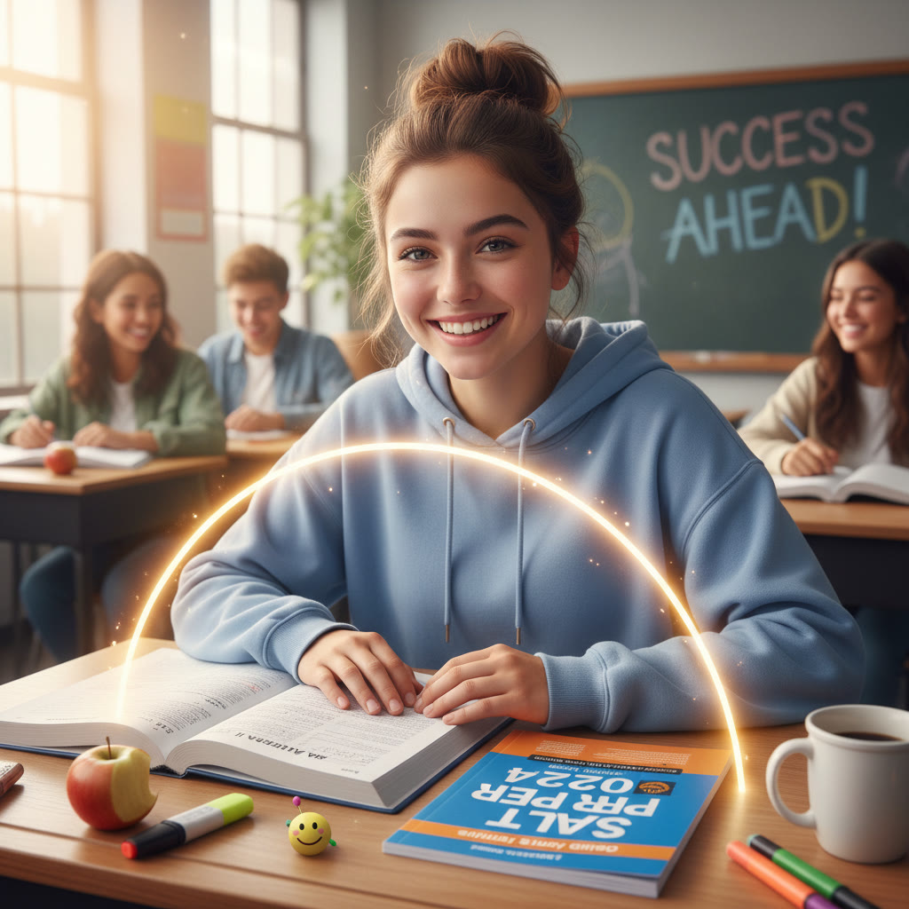 Photo idea: A student hunched over a classroom desk, with algebra homework and an SAT practice booklet side-by-side, showing the bridge between schoolwork and test prep.