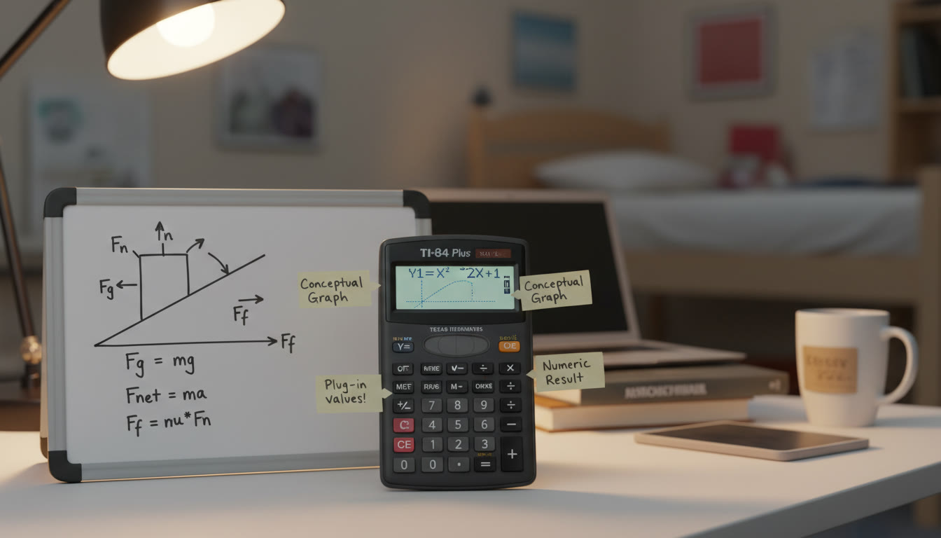 Photo Idea : A small whiteboard with a physics free-body diagram and equations on one side, and a calculator with annotations on the other—illustrating the balance between conceptual setup and numeric computation.