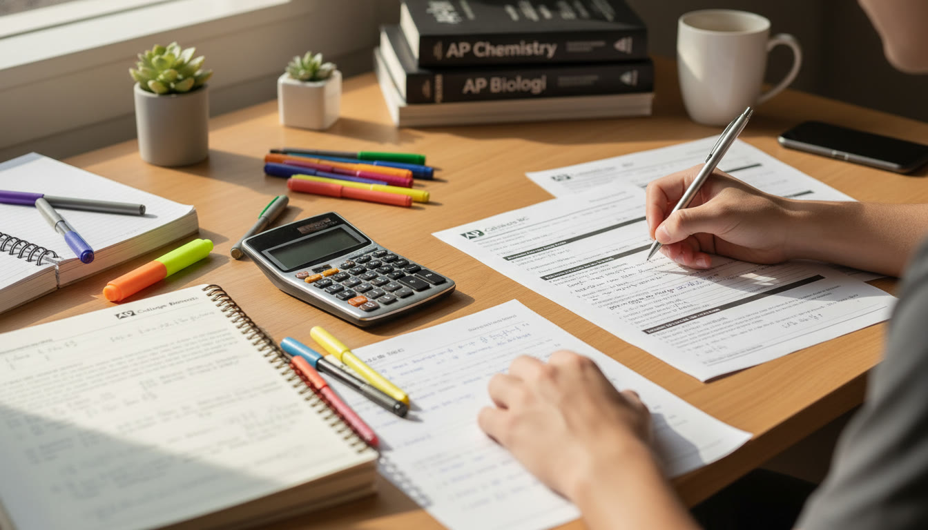 Photo Idea : A tidy study desk with open notebooks, a scientific calculator, and a printed AP practice test. Capture focused hands writing on a page to suggest active study.