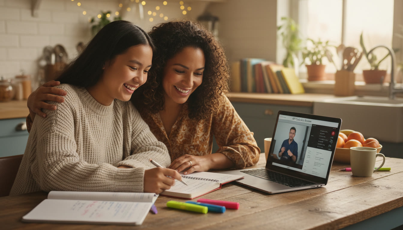 Photo Idea : A calm, warm-toned photo of a parent and teen sitting together at a kitchen table with a laptop open to a study video and notebooks, smiling and pointing to notes—captures collaboration and supportive study at home.