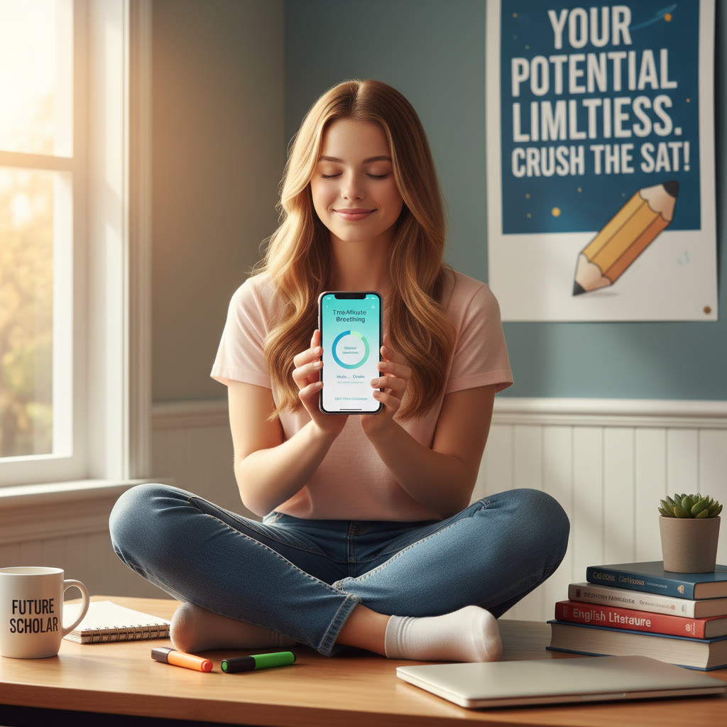 Photo idea: A student sitting at a tidy desk with a phone displaying a meditation app, eyes closed in a calm two-minute breathing session—soft morning light, study materials neatly arranged.