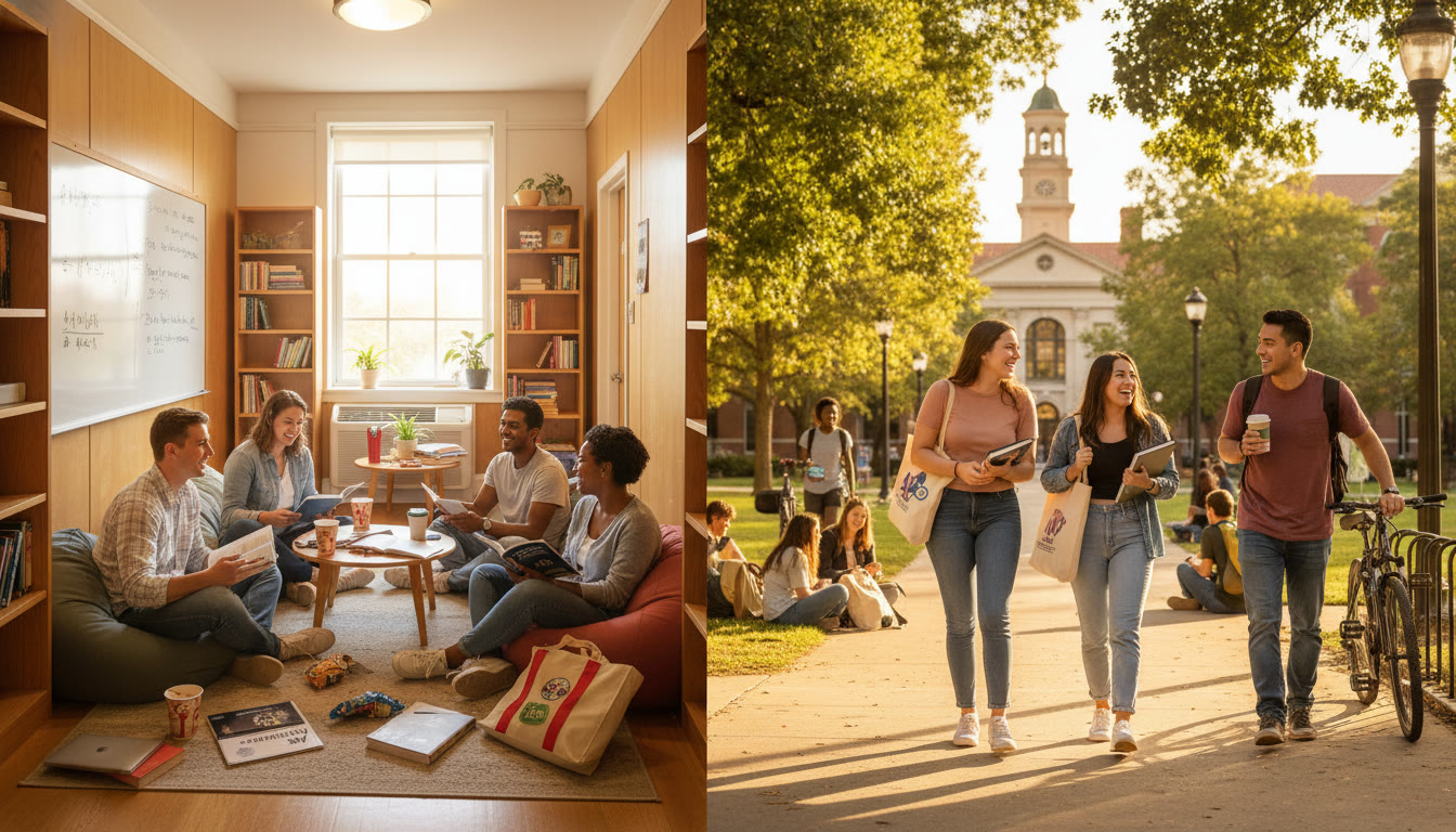 Photo Idea : A bright campus scene split into two halves   one showing students in a dormitory hallway studying in a small group (boarding school vibe), the other showing students in the afternoon arriving home from classes (day school vibe).