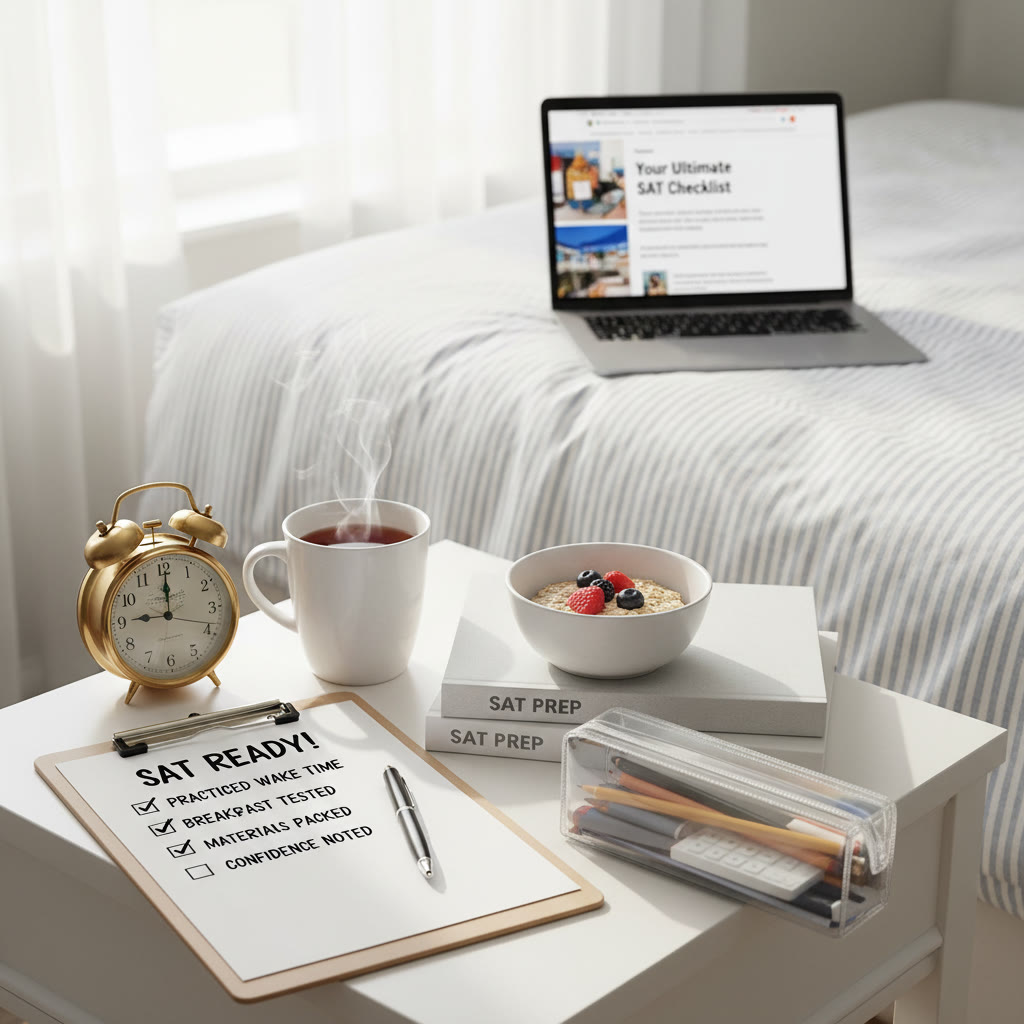 A checklist on a bedside table with items: practiced wake time, breakfast tested, materials packed, and confidence noted