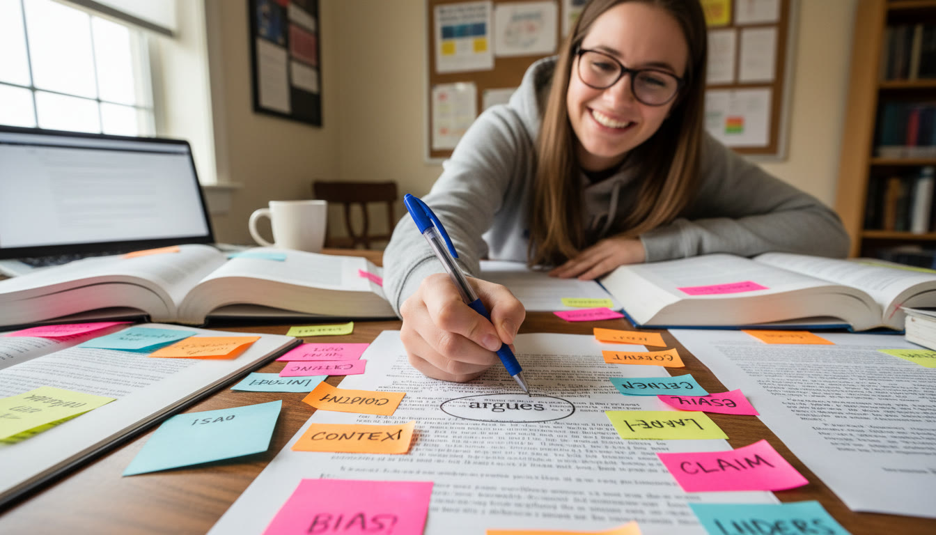 Photo Idea : A student sitting at a study desk surrounded by annotated primary sources and colorful sticky notes; close-up on a pen circling a sourcing verb like 