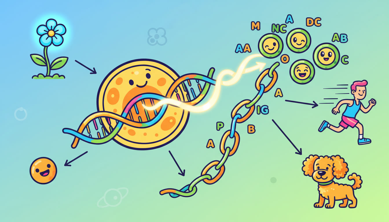 Photo Idea : A vibrant illustration of a cell nucleus with DNA unwinding into RNA, and arrows pointing to protein synthesis and changes in phenotype — bright, infographic style to help students visualize flow from DNA to trait.