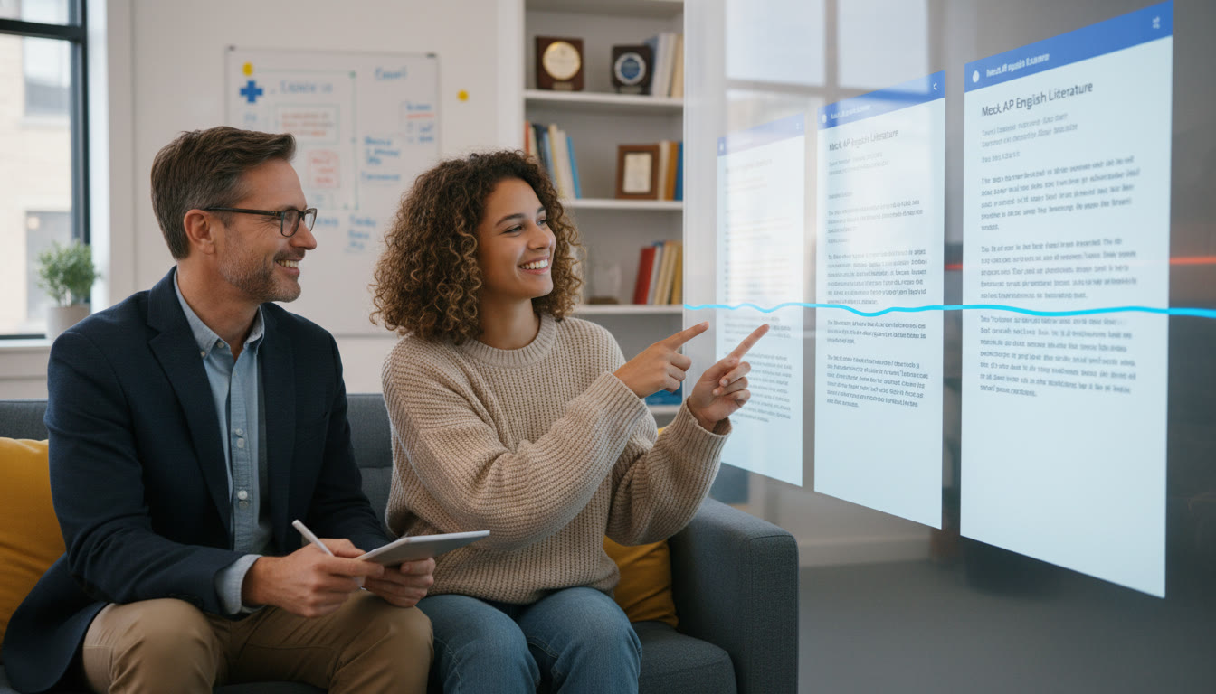 Photo Idea : A student and a tutor reviewing three essays projected on a screen, pointing at the same stylistic line across all three—visualizing how personalized tutoring helps identify and strengthen recurring voice elements.