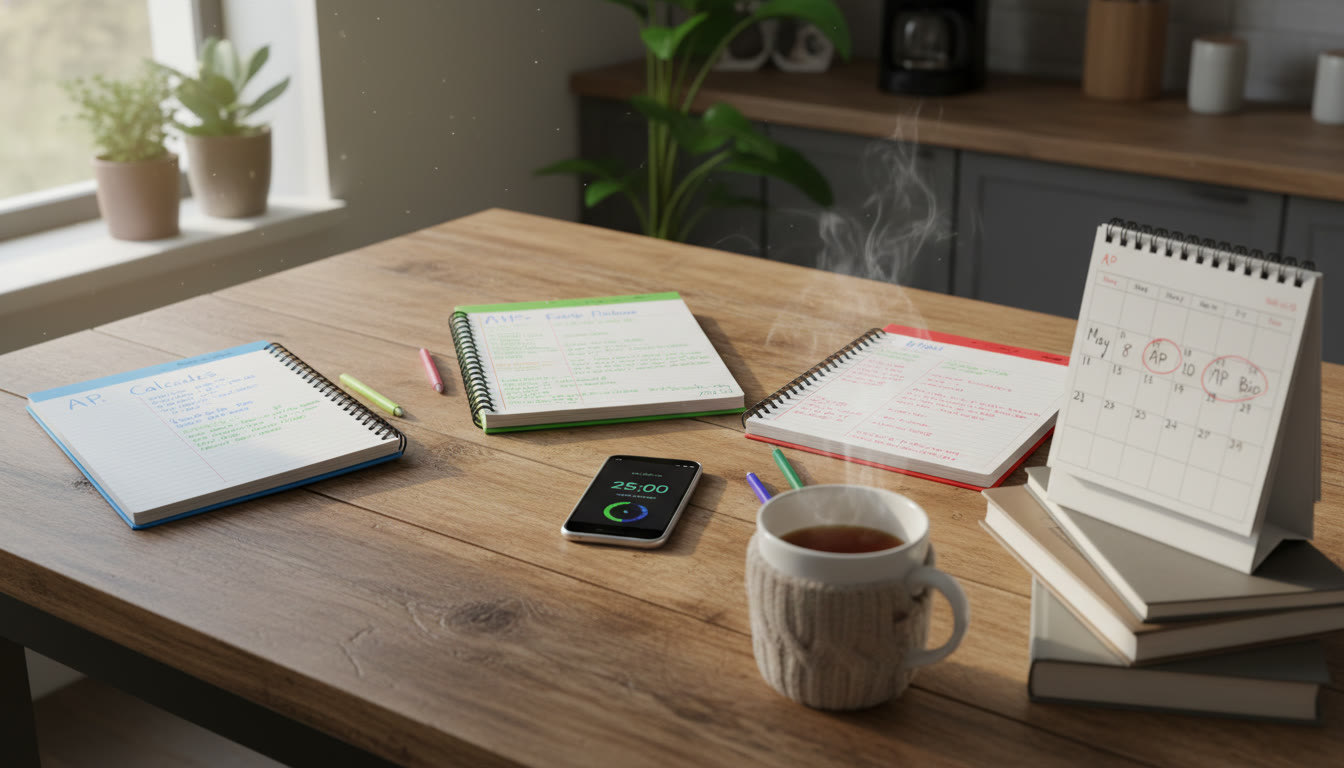 Photo Idea : A student’s study spread on a kitchen table—three color-coded notebooks, a phone with a study timer app, and a calendar showing exam dates circled. Natural light and a warm mug in frame to convey calm preparation.