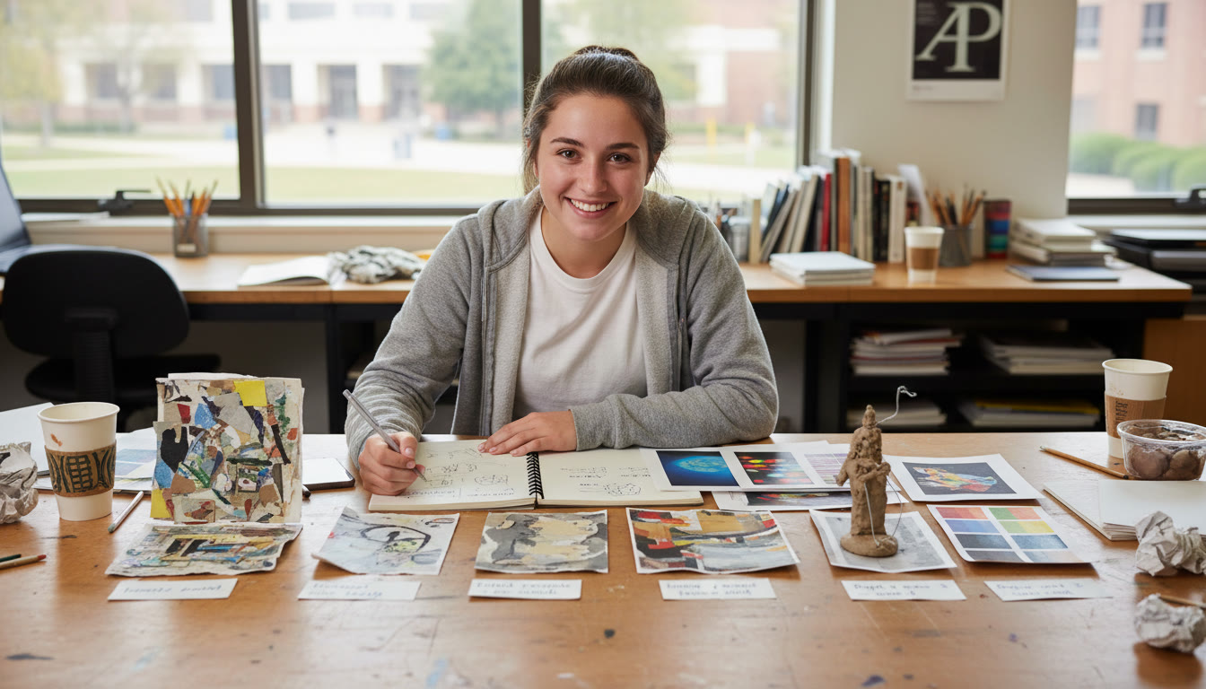 Photo Idea : A student writing process notes beside a row of iterative studies on a table, demonstrating documentation, reflection, and the tidy chaos of creative risk taking.
