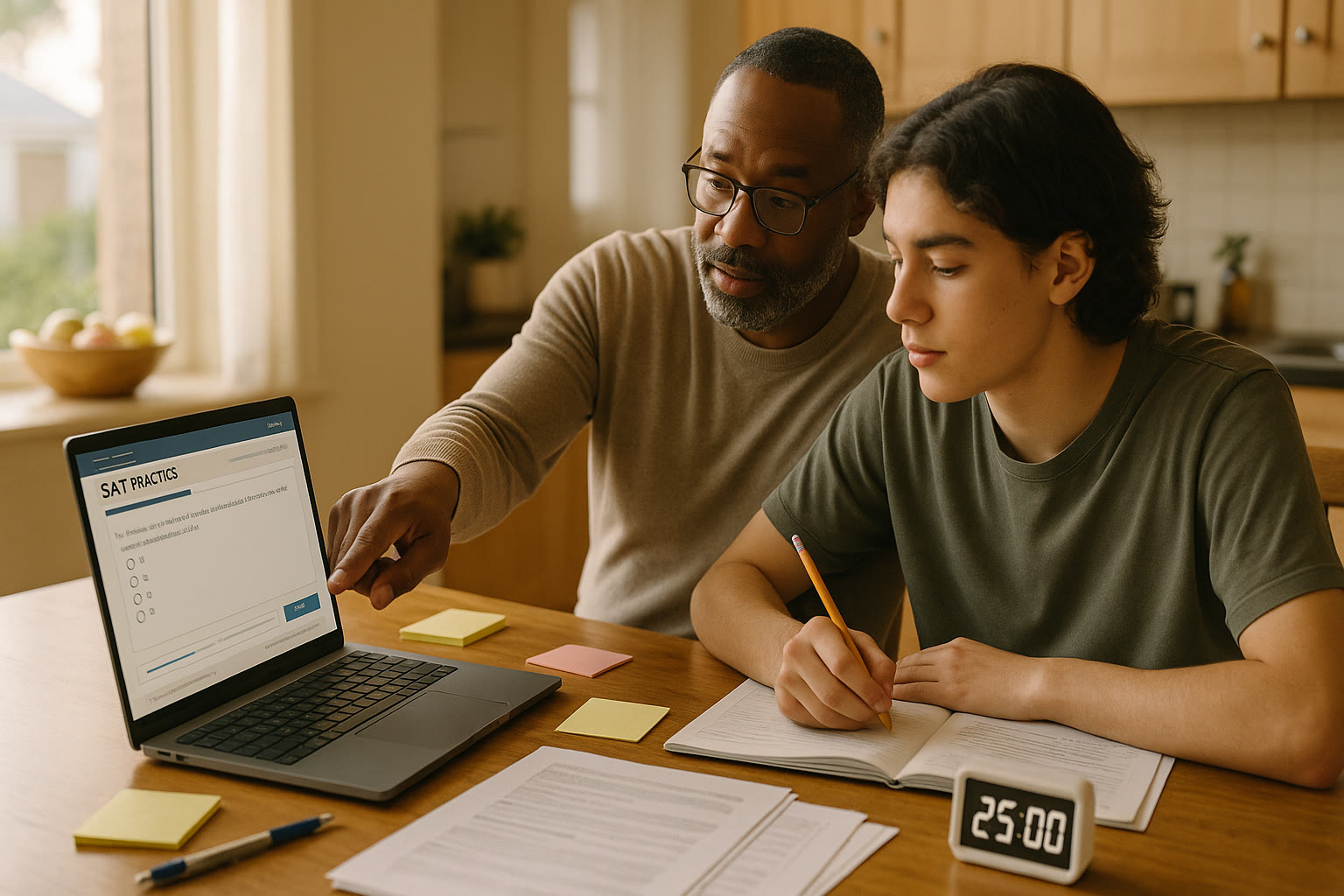 Photo Idea : A parent and teen at a kitchen table with a laptop open to SAT practice software, a timer, and notebooks laid out — natural light, calm expressions, collaborating.