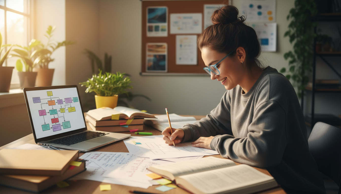 Photo Idea : A student at a desk surrounded by notes and a laptop, sketching a research design flowchart — bright, natural lighting, focused expression.
