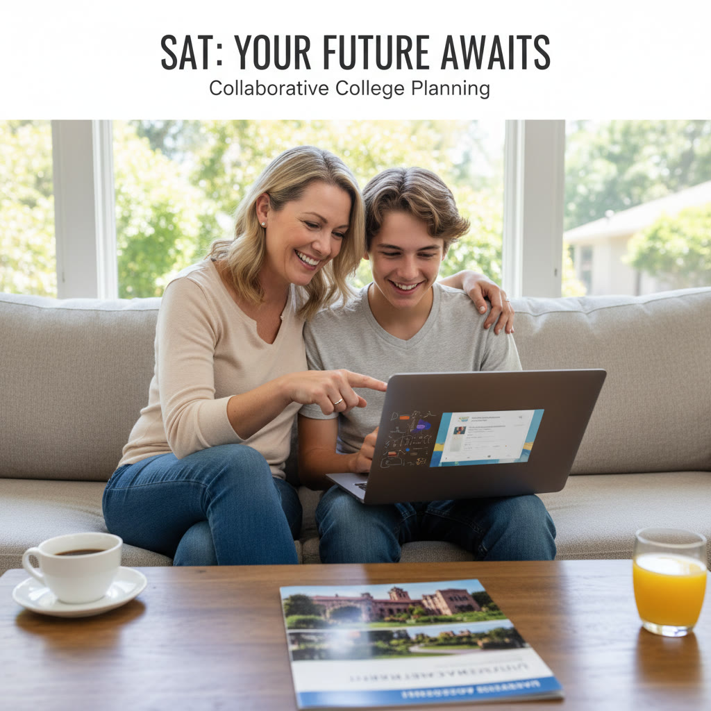 Photo Idea : A parent and teen reviewing a laptop screen together with a campus brochure nearby, symbolizing collaborative college planning and decision-making.