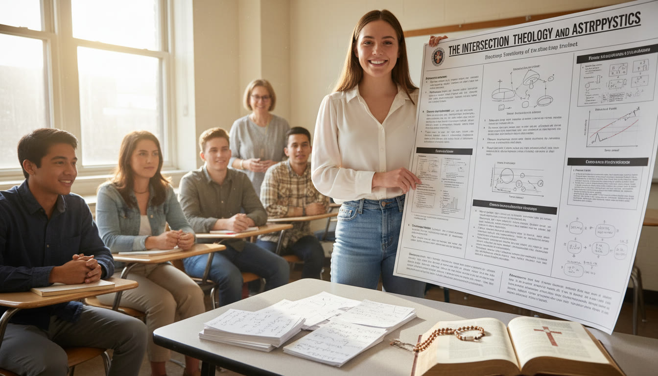 Photo Idea : A student presenting a capstone poster or senior thesis in a classroom, with handwritten notes and a rosary or theological text subtly visible — conveys scholarly work grounded in faith.