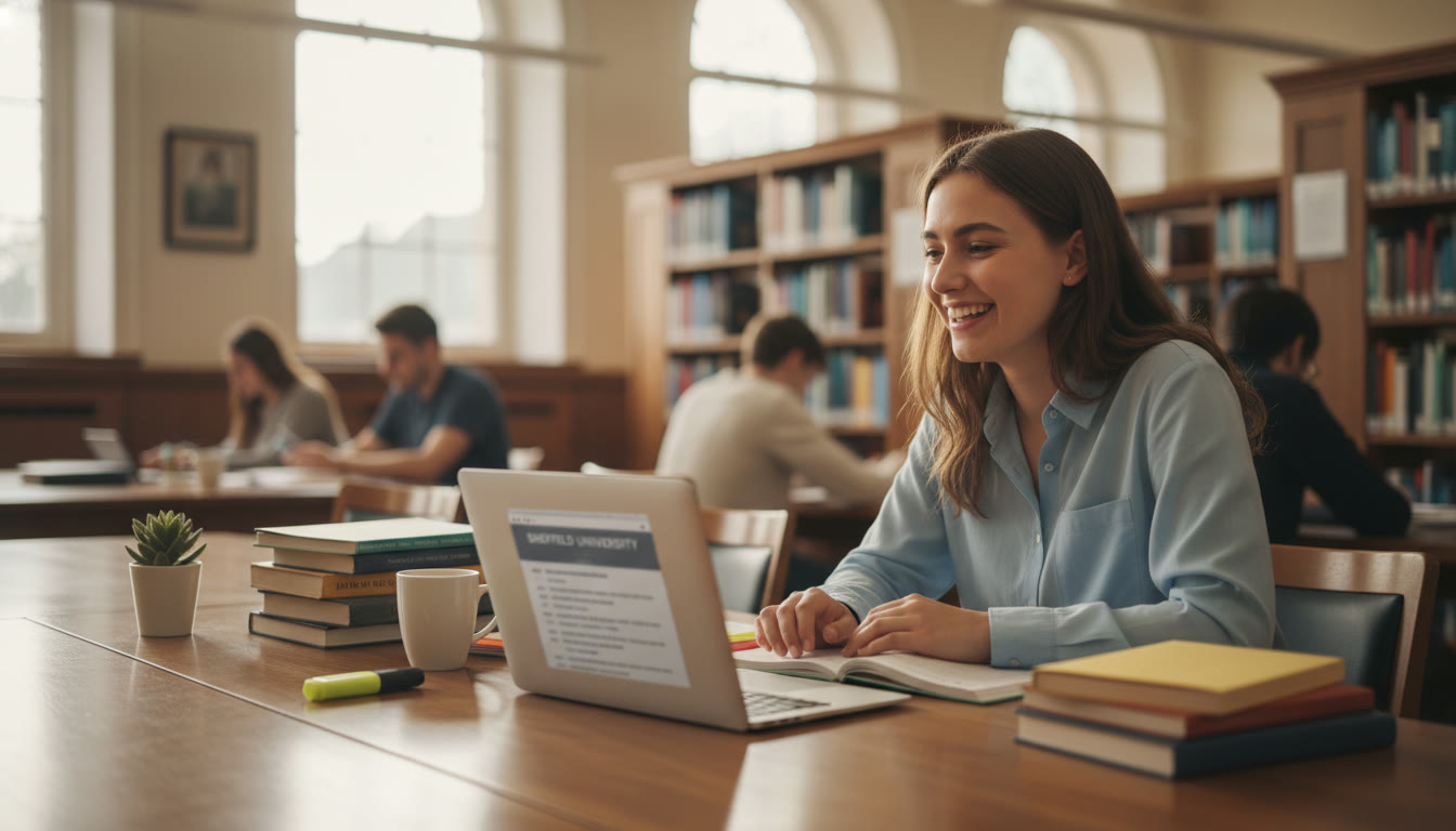 Photo Idea : A candid image of a student studying in a university library with AP study notes and a laptop showing module listings for Sheffield or Leeds (blurred institution names). This image should appear near the conclusion to create an aspirational, forward-looking finish.