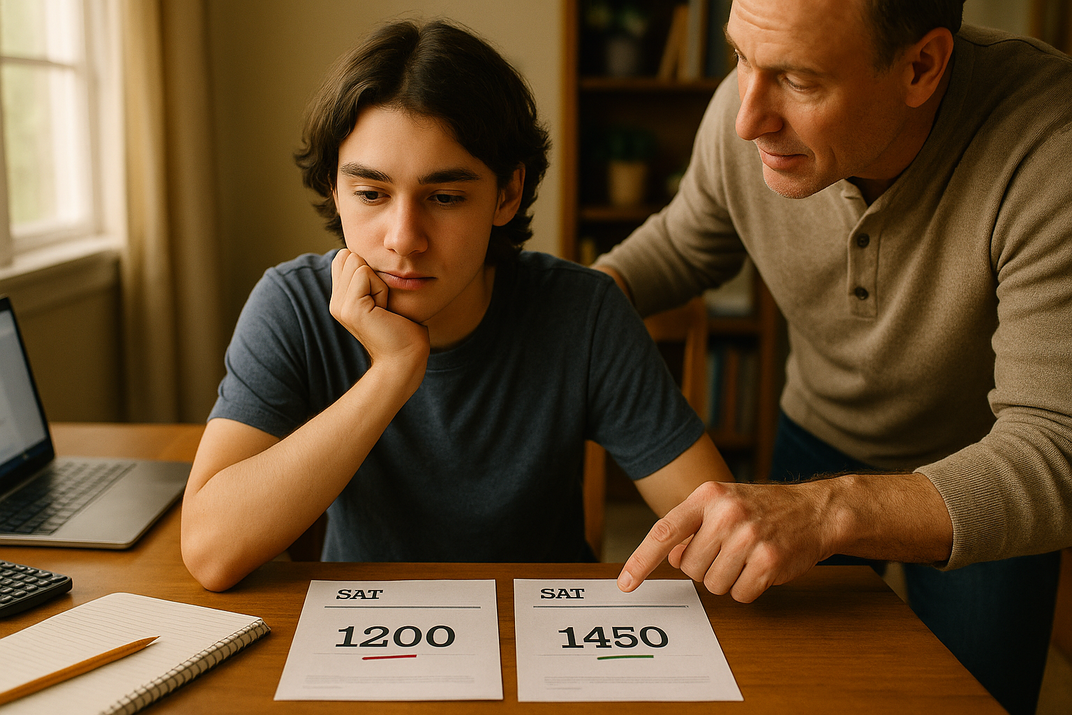 Photo Idea : A thoughtful high school student at a desk with two SAT score printouts side-by-side, one higher and one lower, with a parent or tutor leaning in supportively.