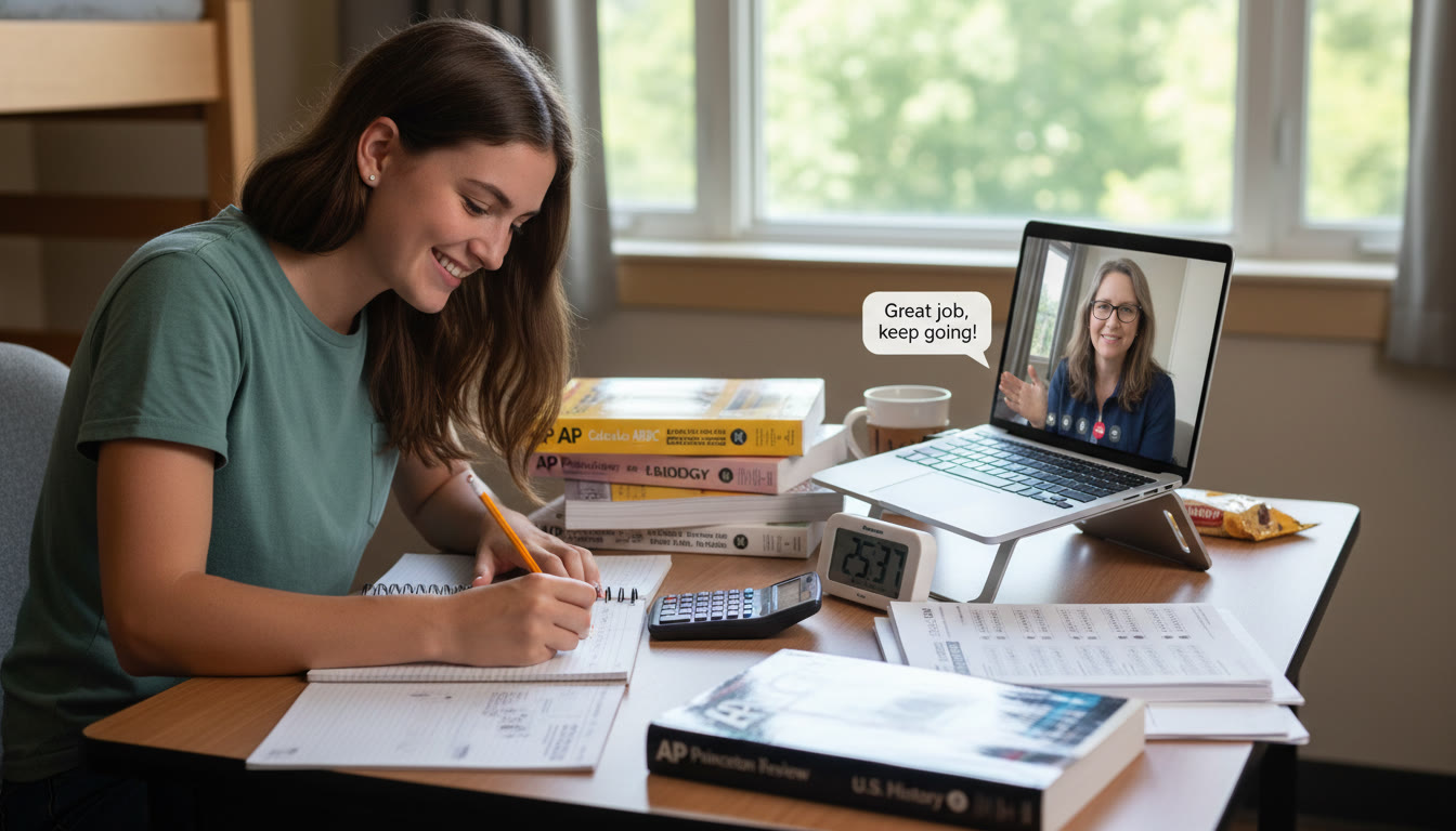 Photo Idea : A student mid-exam practice with a spread of AP practice books, a timer on the desk, and a tutor on a laptop screen giving calm feedback—visualizing focused preparation and live guidance.