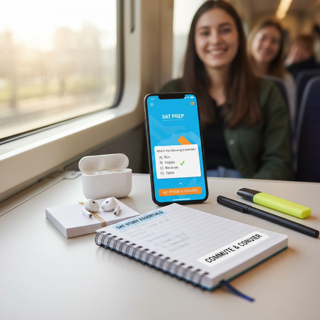 A neatly arranged commute study kit: earbuds, index cards, a compact notebook, and a smartphone showing an SAT study app.