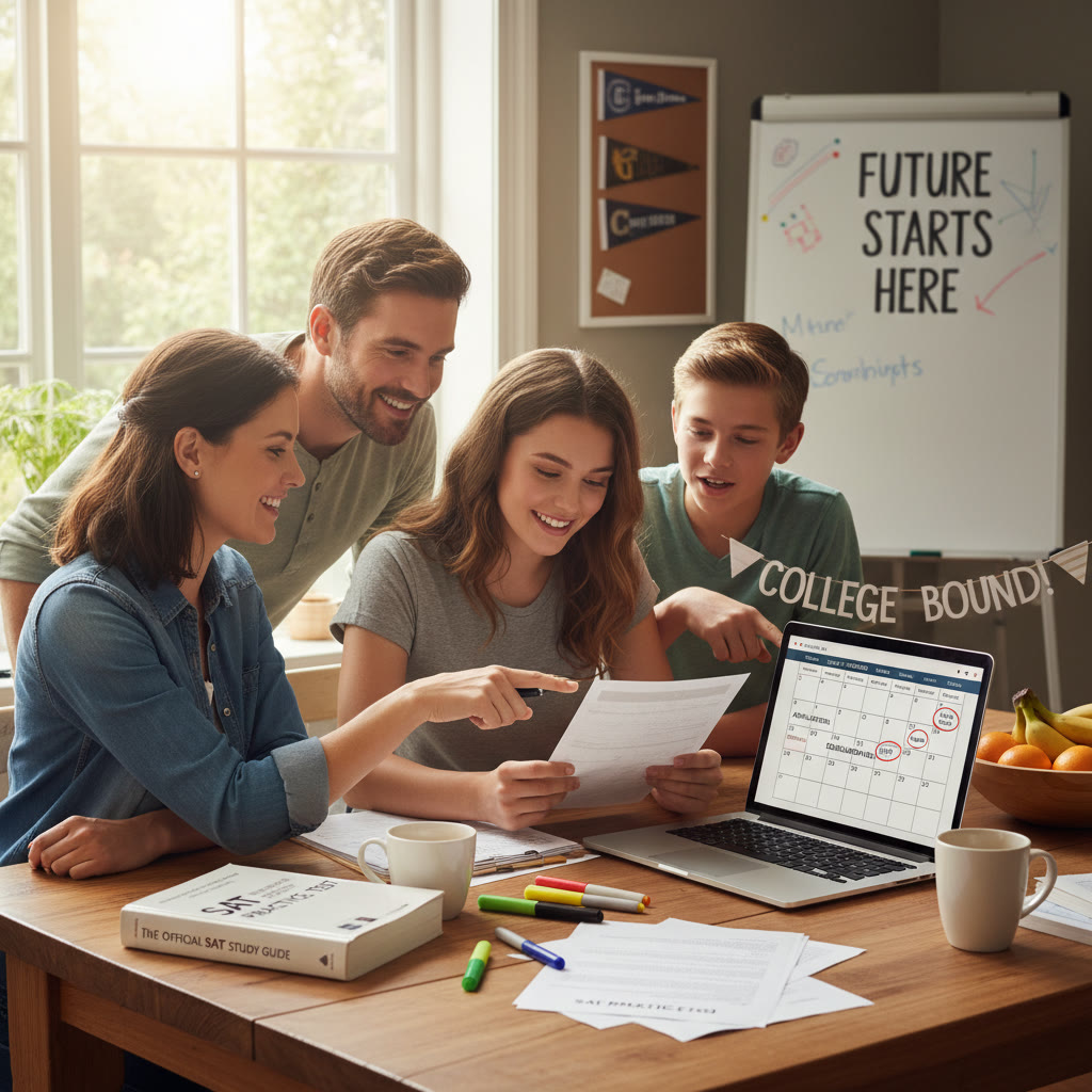 Photo Idea : A family at a kitchen table reviewing a college application checklist together, with a laptop open to an application deadline calendar and a printed SAT practice test nearby.
