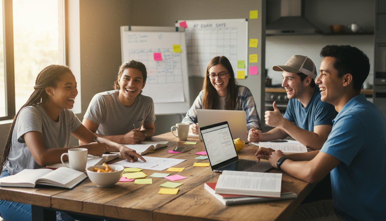 Photo Idea : Students studying together at a kitchen table with sticky notes and laptops, smiling and pointing at a practice test — conveys collaboration and positive energy. Place in the burnout prevention / community section to normalize healthy group study.