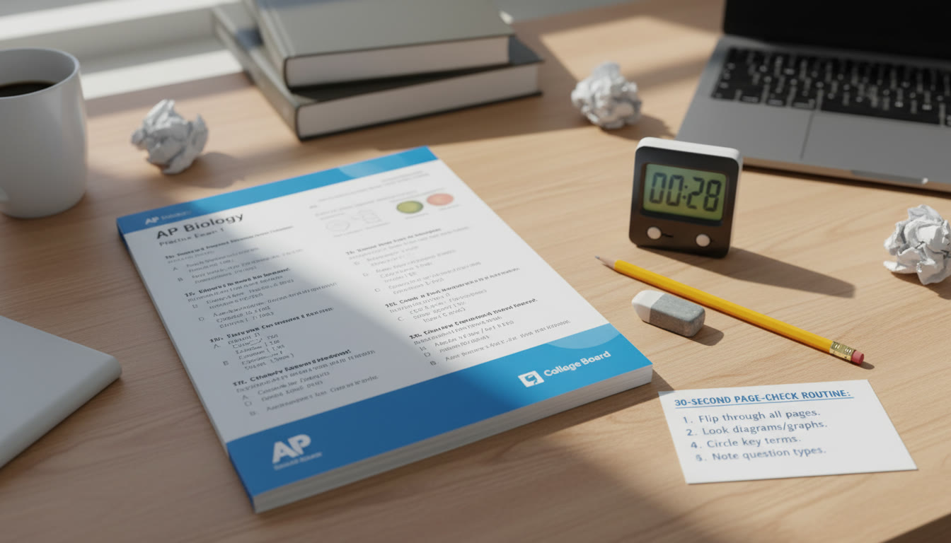 Photo Idea : Overhead photo of a student’s desk during a practice session: AP booklet mockup, timer, pencil, and a small checklist card with the 30-second page-check routine visible.