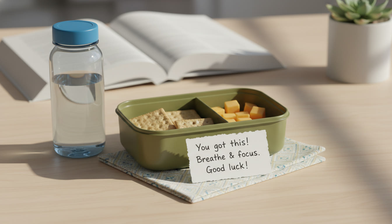 Photo Idea : A neatly packed exam kit laid out on a table: water bottle, snack container with crackers and cheese, cloth napkin, and a small handwritten encouragement note. Soft, reassuring tones.