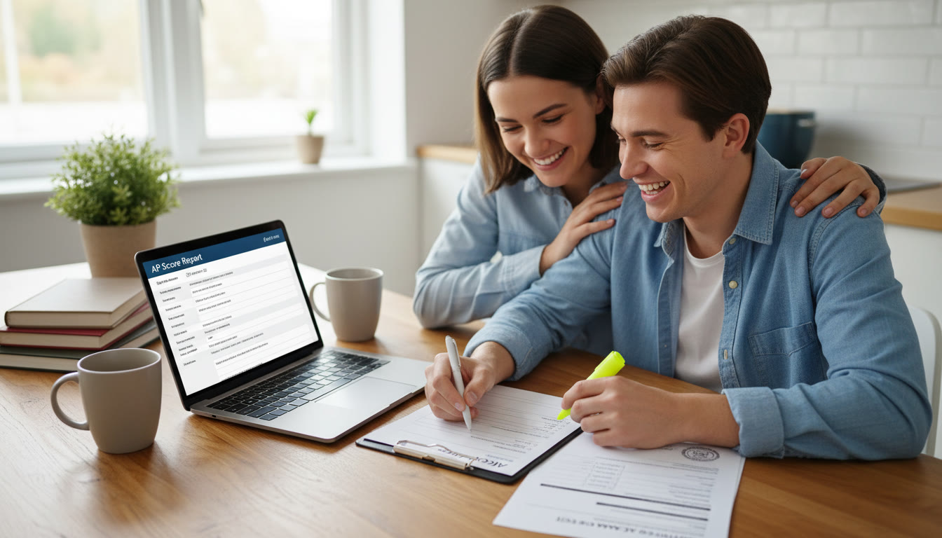 Photo Idea : A parent and student reviewing a checklist together at a kitchen table, laptop open to an application form, AP score report and certified transcript visible — conveying partnership, reassurance, and progress.