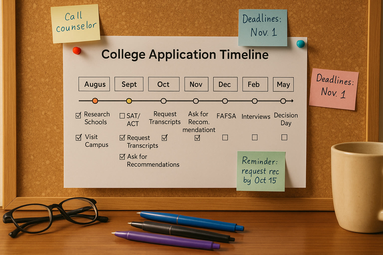 Photo Idea : A printable timeline pinned to a corkboard with sticky notes and colorful pens — the kind of visual checklist families use to track college application milestones.