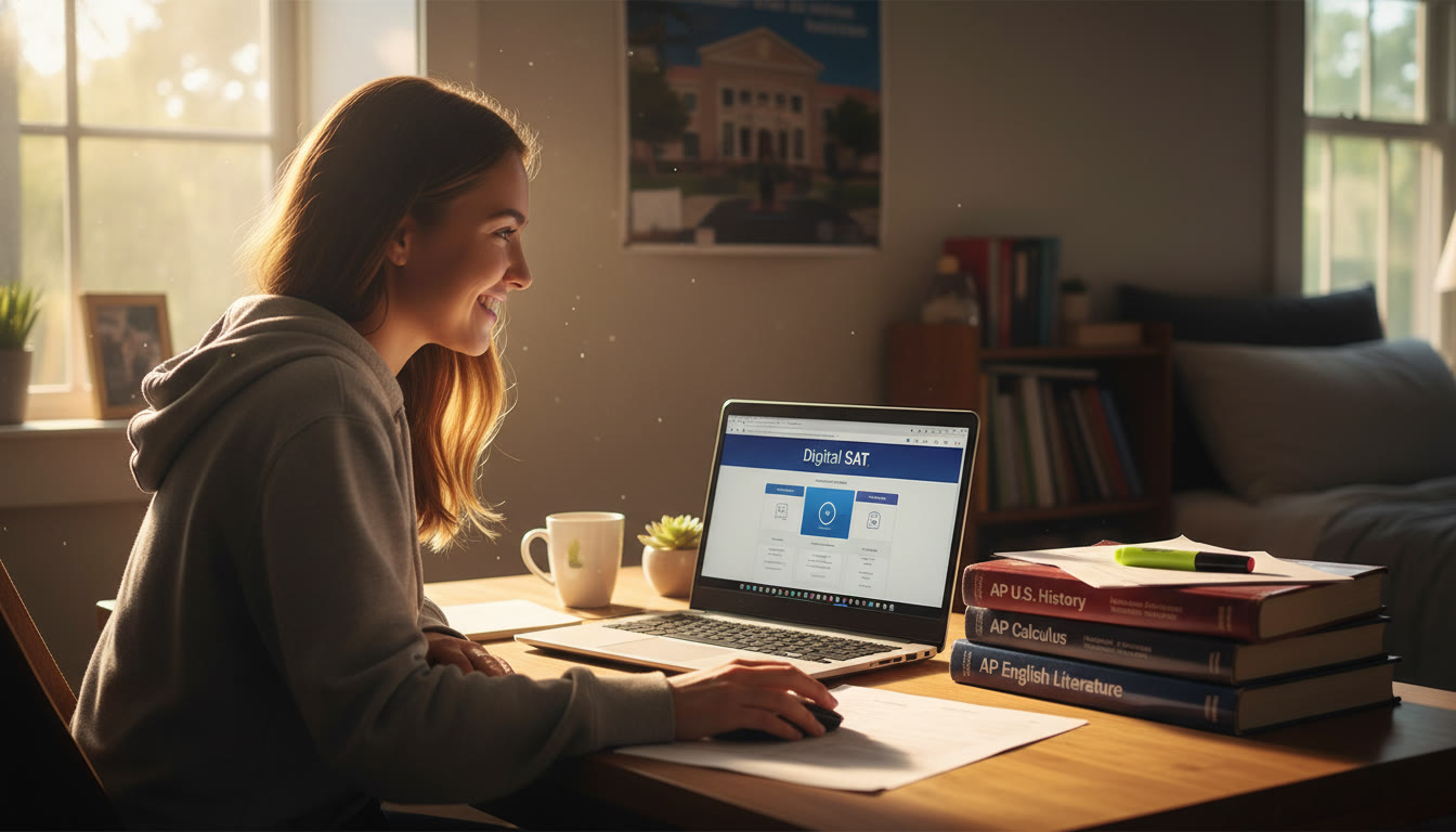Photo Idea : A bright study scene featuring a student at a desk with AP textbooks and a laptop displaying the Digital SAT interface, sunlight streaming through a window   evokes preparation, focus and the dual-path choices students face.