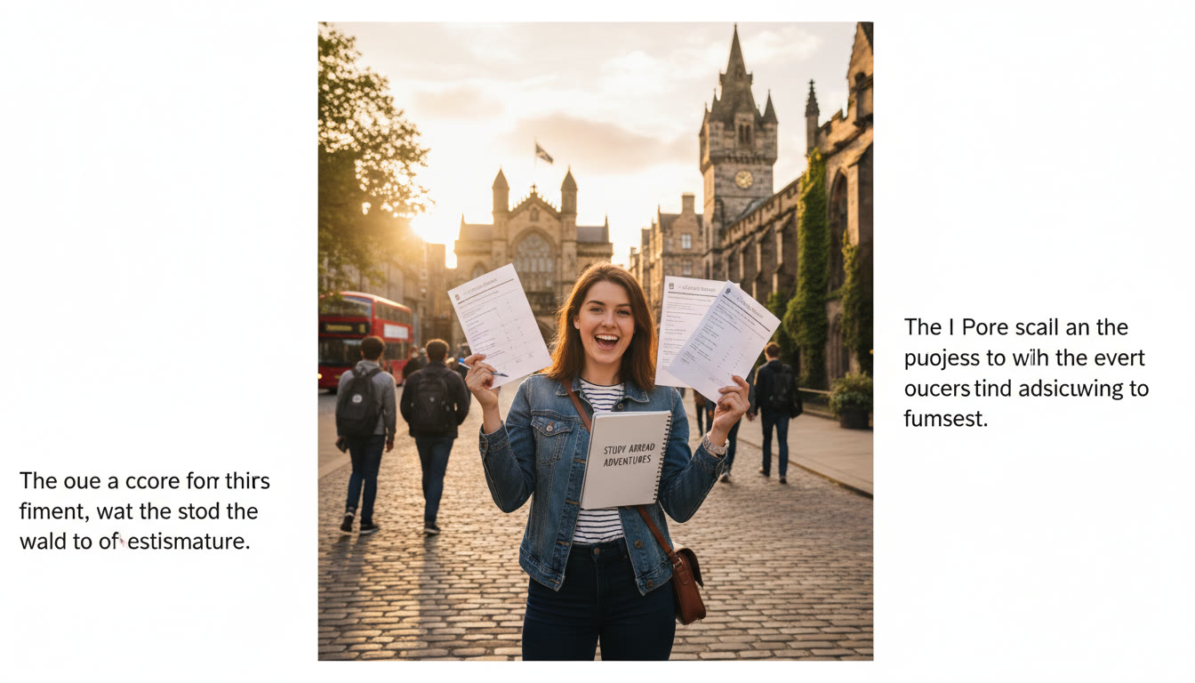 Photo Idea : A sunlit shot of historic university buildings in Edinburgh with a student holding AP score reports and a notebook — conveys international students bridging systems and readiness for study abroad.