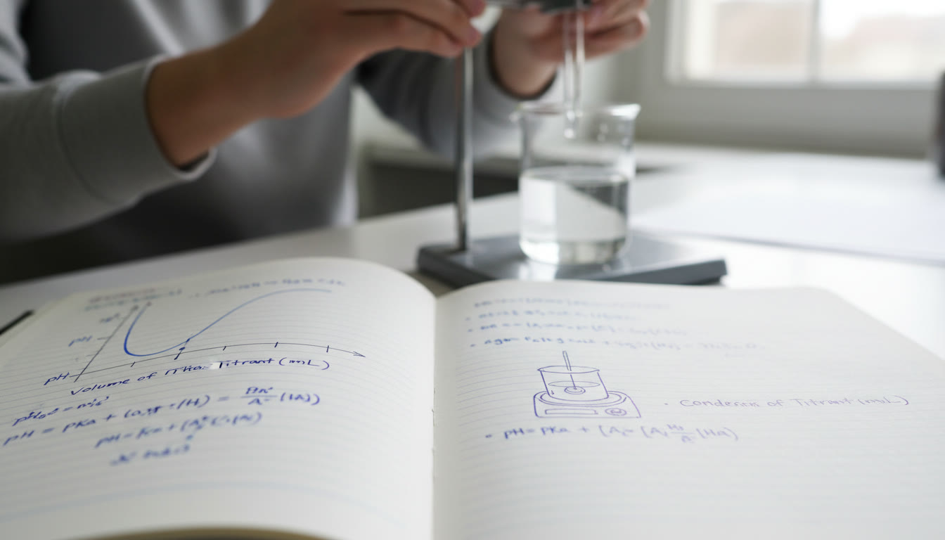 Photo Idea : Close-up of a lab notebook page showing a student’s neat titration curve sketch, Henderson–Hasselbalch calculations, and a small equipment setup in the background. The image should feel like study-in-action, emphasizing learning and clarity.